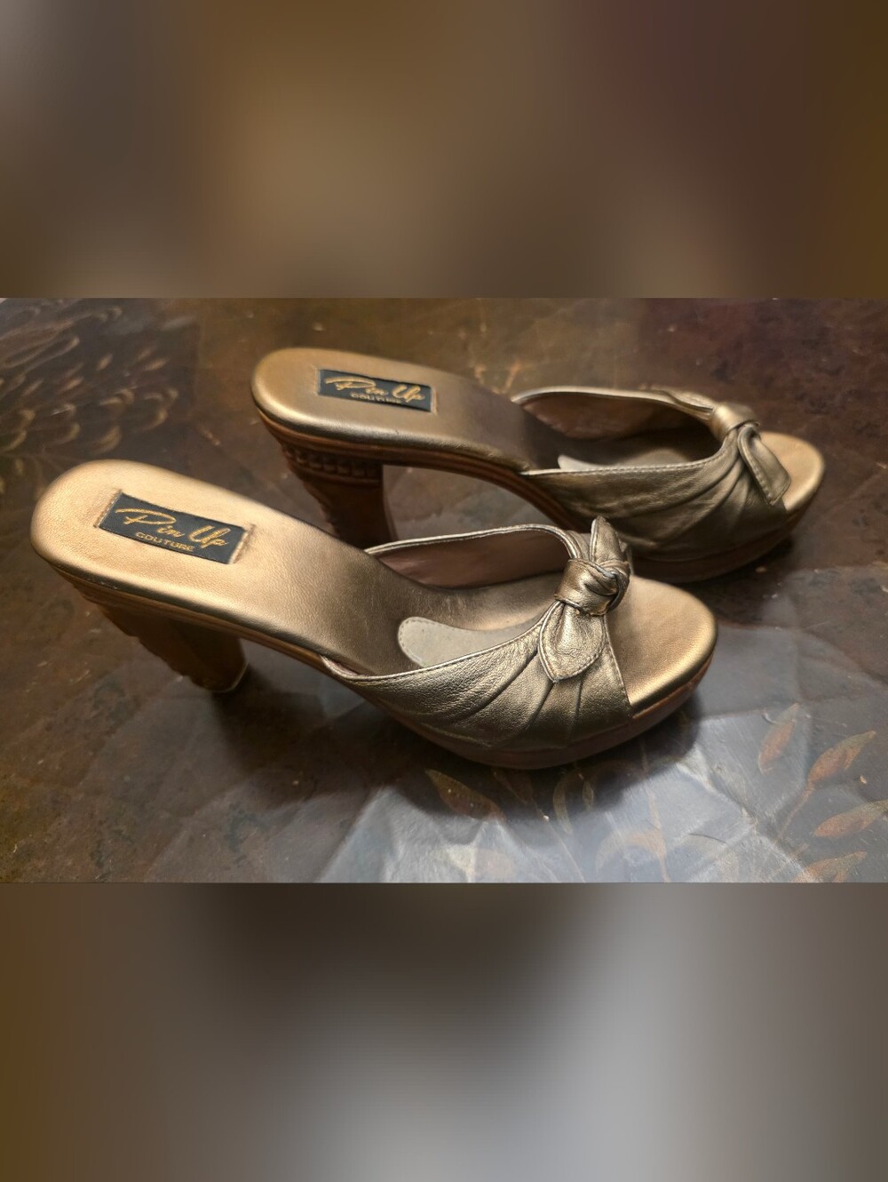 Tiki Peep-Toe Knot Platform Mules in Gold